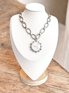 Antique Silver Link Chain with Equestrian Coin Pendant 19” - Women’s Necklace